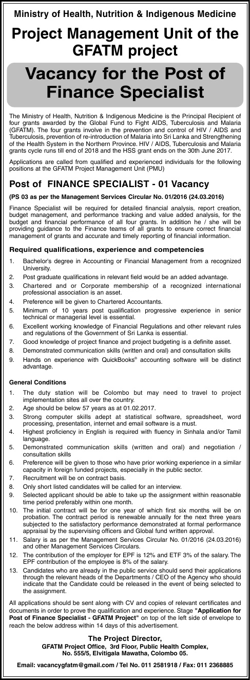 Finance Specialist - Ministry of Health, Nutrition & Indigenous Medicine